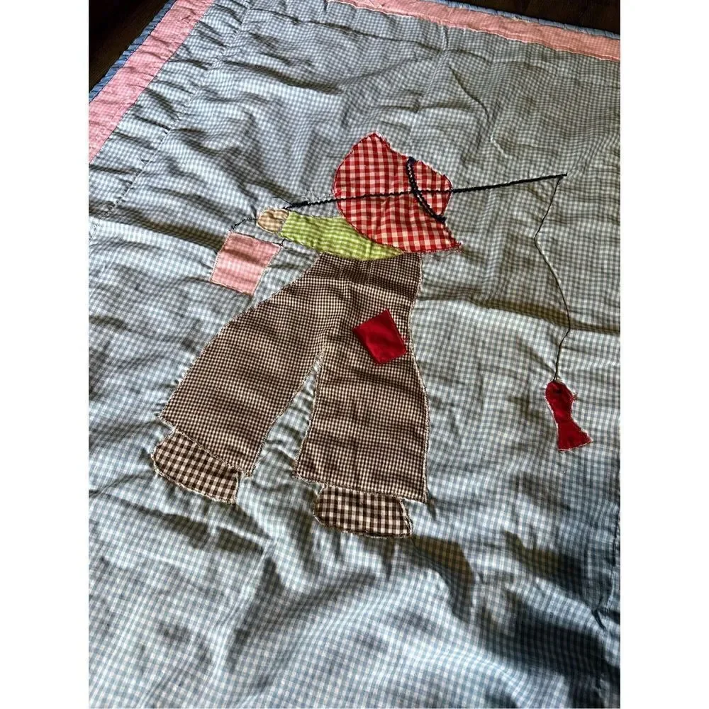 Vintage Handmade Plaid Fishing Child Quilt Blanket Decor 49”x37” Multi Color EUC